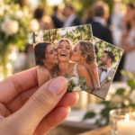 Hand houdt gepersonaliseerde fotomagneten vast tijdens een feest