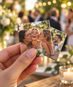 Hand houdt gepersonaliseerde fotomagneten vast tijdens een feest